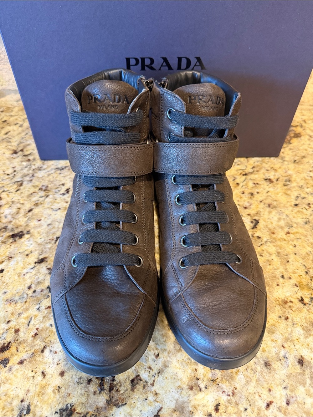 Prada Brown Leather High-Top Sneakers with Strap - Picture 2 of 5